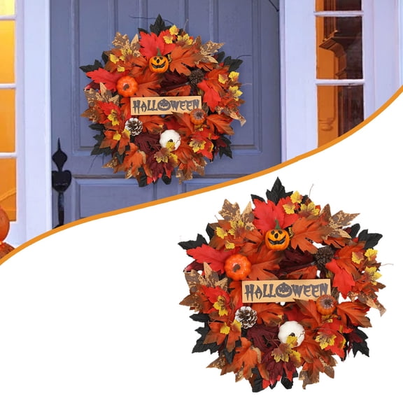 Clearance Wreath under $15,Fall Decor Fall Wreaths For Front Door Outside Autumn Wreath With Berries Maple Garland For Halloween Farmhouse Front Porch Patio Decoration