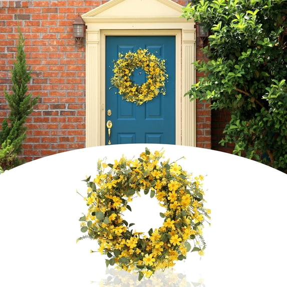 Clearance Wreath under $30,24 Inch Artificial Yellow Wreath Floral Spring Summer Garland For Front Door Window Wall Porch Decoration