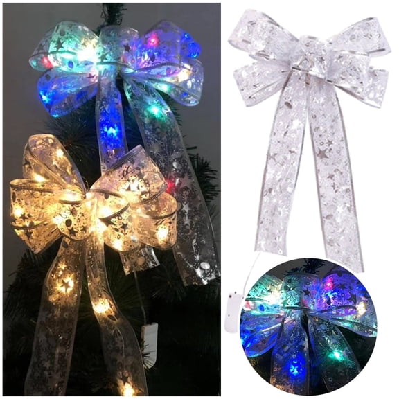 (Clearance) XIANXIAN Christmas Tree Bow LED Ribbon Silver Bows 13.7 x 9 Inch Christmas Tree Ornaments Tree Topper Christmas Decoration for Home Christmas Seasonal Tree Wreaths Decoration