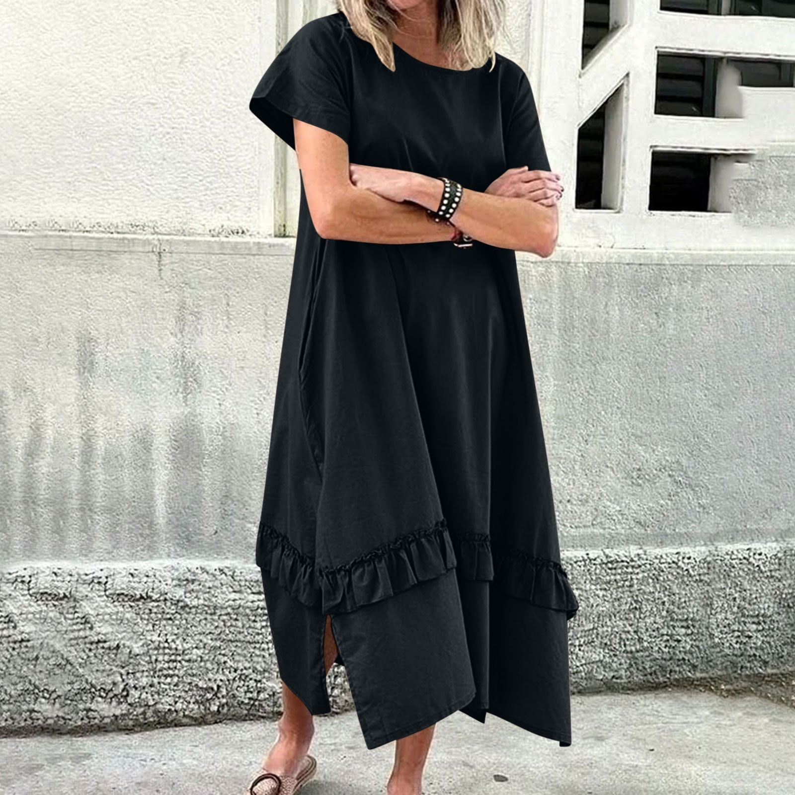 Clearance! Xdegoge Cotton Linen Maxi Dress for Women Short Sleeve Round ...