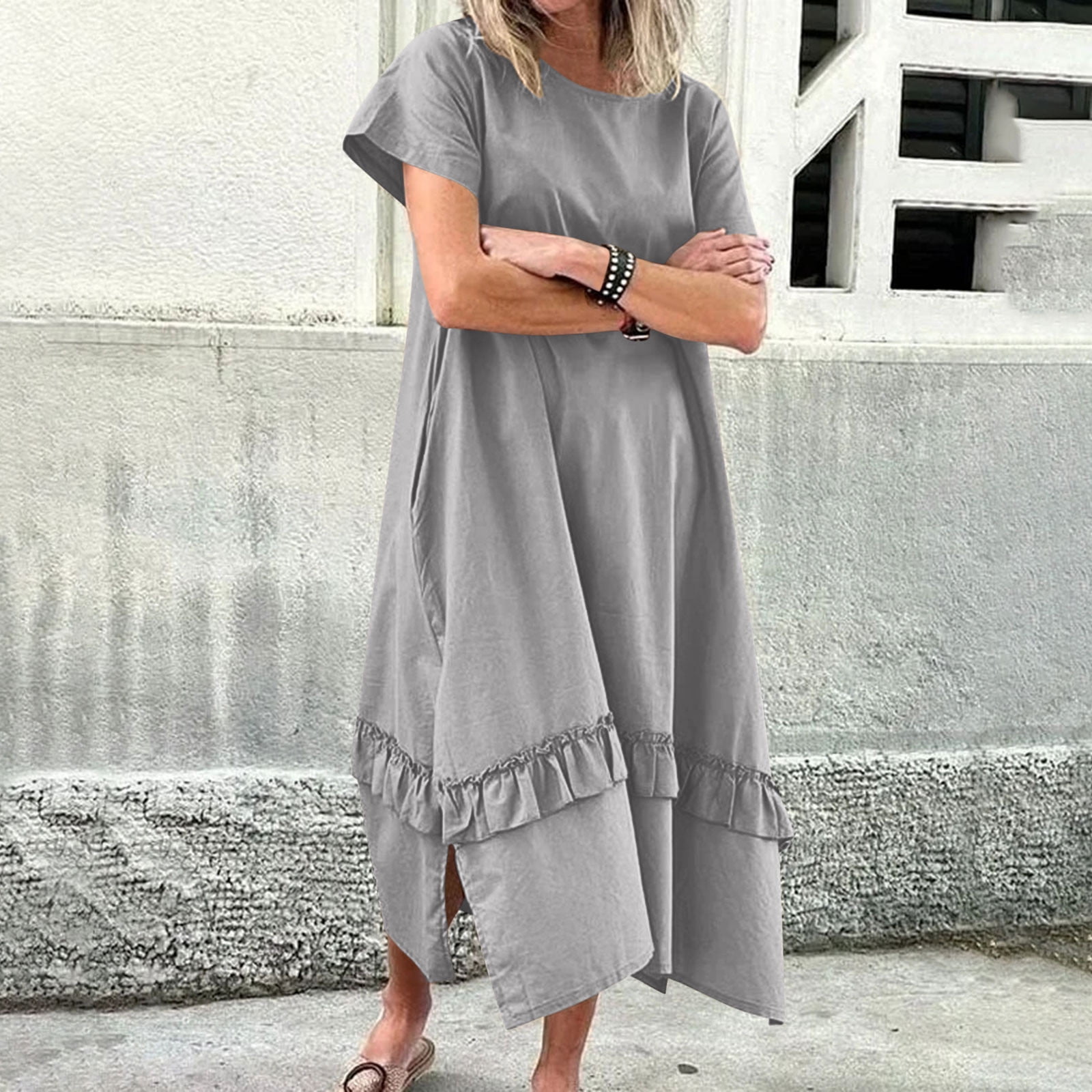 Clearance! Xdegoge Cotton Linen Maxi Dress for Women Short Sleeve Round ...