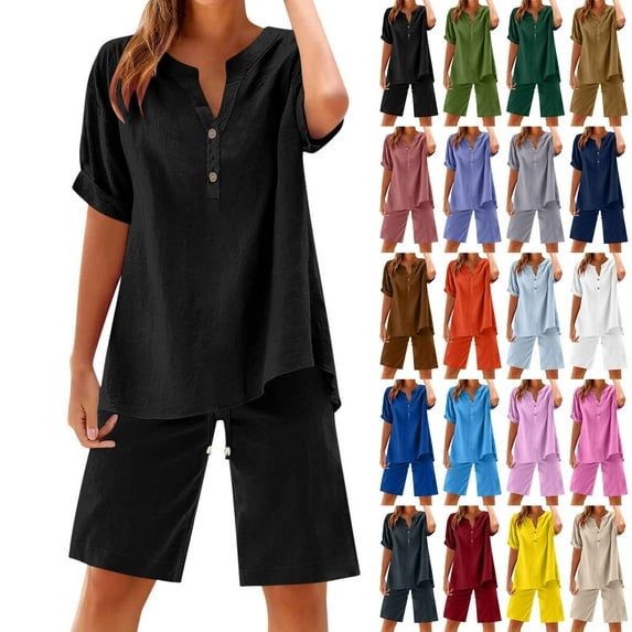 Clearance! Xuniizn Plus Size Shorts Sets Women 2 Piece Outfits Linen Classic Button Down V Neck Solid Color Top and Breathable Shorts Set with Pockets(S-5XL)
