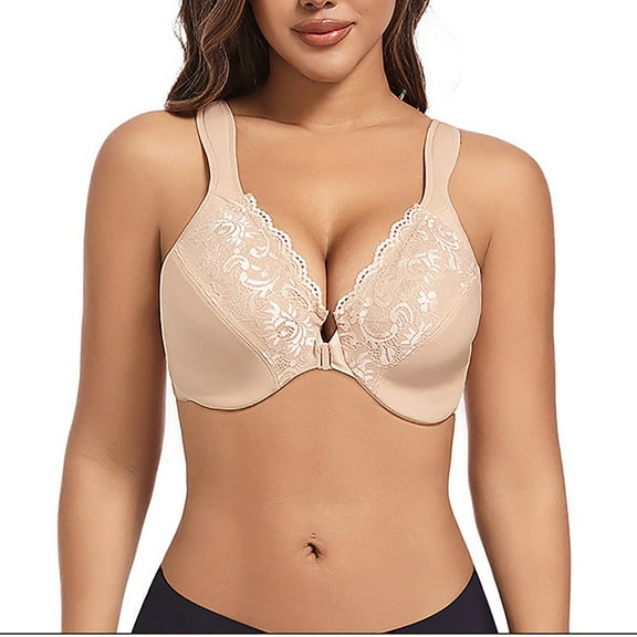 Xunlbb Wireless Bras Plus Size Women's Thin Without Gathered Underwear Sexy Lace With Steel Ring Adjustable Large Size Front Buckle Bra(Khaki,XXXXL)