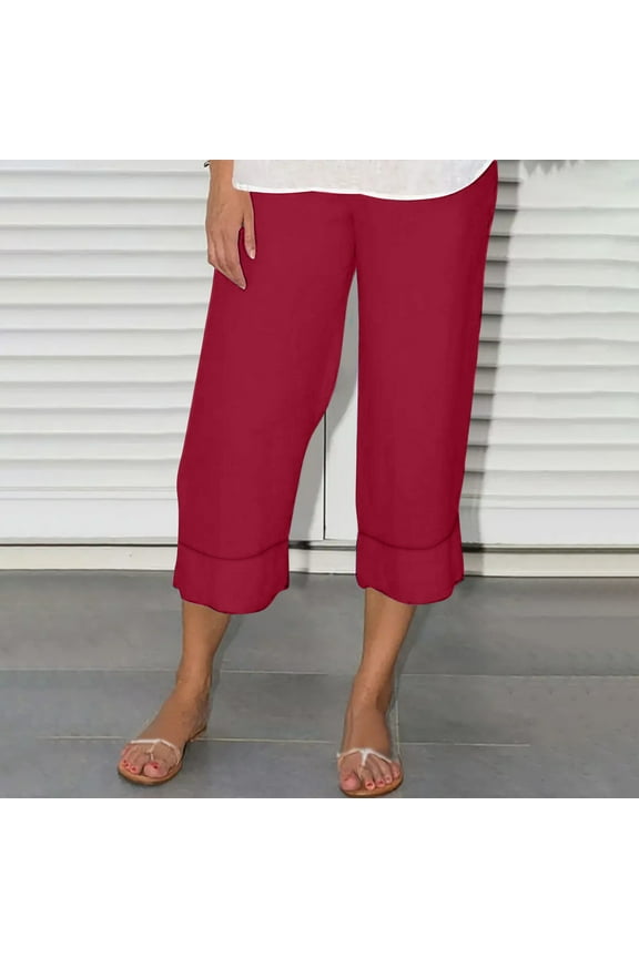Clearance!Xunlbb Women’s Elastic Waist Summer Solid Casual Fashion Outing Capris Length Pants on Clearance,Red XL