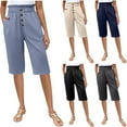 thumbnail image 1 of Clearance!,Xunlbb Women’s High Waisted Elastic Waist Wide Half Shorts Pants Casual Button Decor Summer Fashion Mid Length Trousers With Pockets Pant knee length ,Dark Blue S, 1 of 7