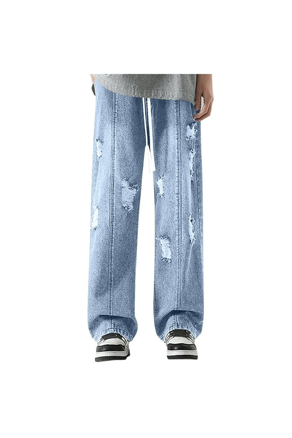 Drawstring Waisted Baggy Jeans for Men Ripped Fashion Y2k Irregular Sutures Streetwear Straight Leg Jeans Plus Size Denim Pants Light Blue L
