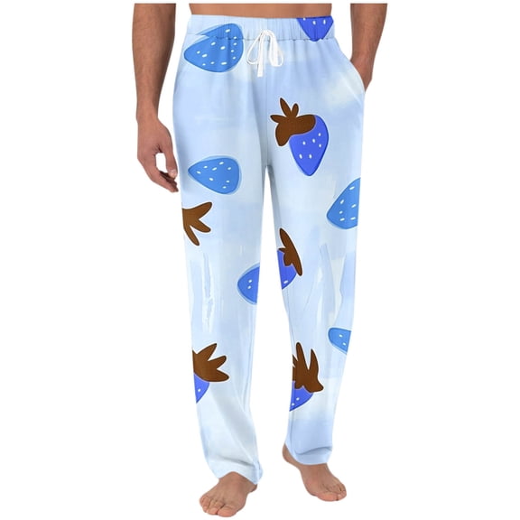 YLSDY Men's Lightweight Lounge Pants with Strawberry Print Elastic Waist Relaxed Fit Comfortable Casual Pajama Pants Light Blue XXXL