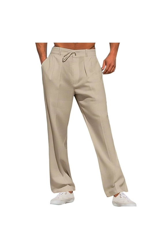 Men's Linen Casual Pants Elastic Waist Beach Pants Lightweight Drawstring Summer Beach Yoga Pants Khaki XXL