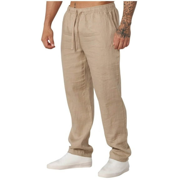 YLSDY Mens Casual Linen Pants Loose Fit Elastic Drawstring Waist Straight-Legs Summer Yoga Beach Long Pants Khaki 6