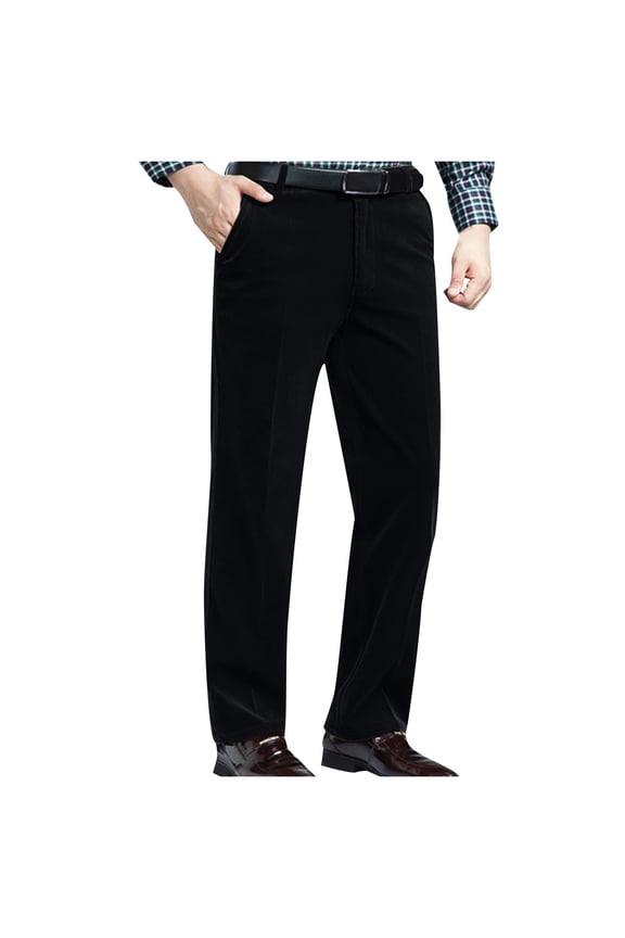 Mens Corduroy Pants Dress Pleated Front Work Pants Stretch Casual Straight Fit Trouser Business Office Slacks Black S
