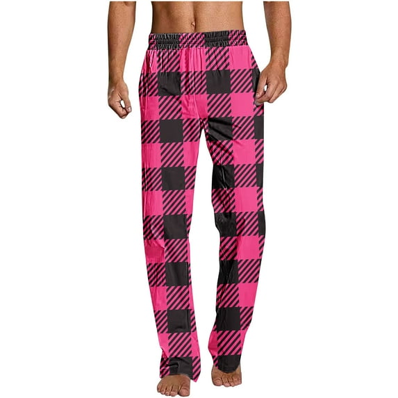 YLSDY Mens Hawaii Pants Argyle Design Fashion Plaid Cotton Lightweight Soft Hawaii Bottoms Lounge Sleepwear Pants Hot Pink M