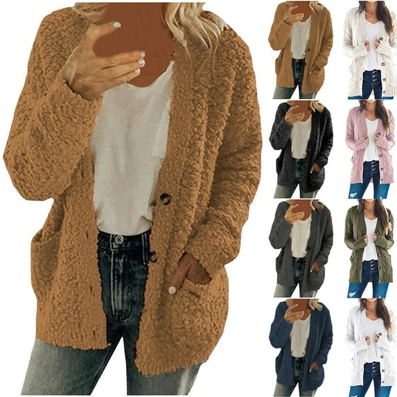 YOTAMI Women's Knit Sweater Cardigans 2025 Winter Oversized Cardigan with Pocket Long Sleeve Solid Color Open Front Lightweight Casual Jacket Coats Coffee, Sizes XL