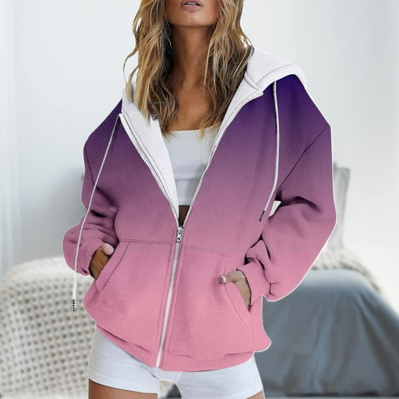 Clothing 2025 Yajing Hoodies for Women Fashion Autumn Gradient Printing Casual Pocket Jacket Cute Drawstring Zipper Women's Sweatshirt Oversized Hoodies for Women Multi-Color Xxxl