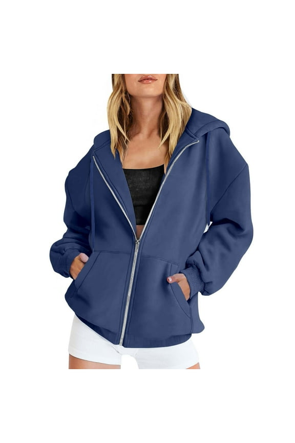Oversized Hoodies for Women S Blue Women'S Fall Jacket Oversized Pocket Sweatshirt Casual Drawstring Clothing Zipper Track Jacket Solid Color Long Sleeve Hooded Top