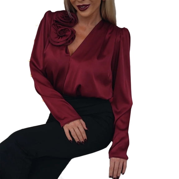 Clothing! Yajing Oversized Sweatshirt for Women Crewneck Sweatshirts Women Satin Blouse Flower V Neck Long Sleeve Silk Shirt Elegant Work Top L Red