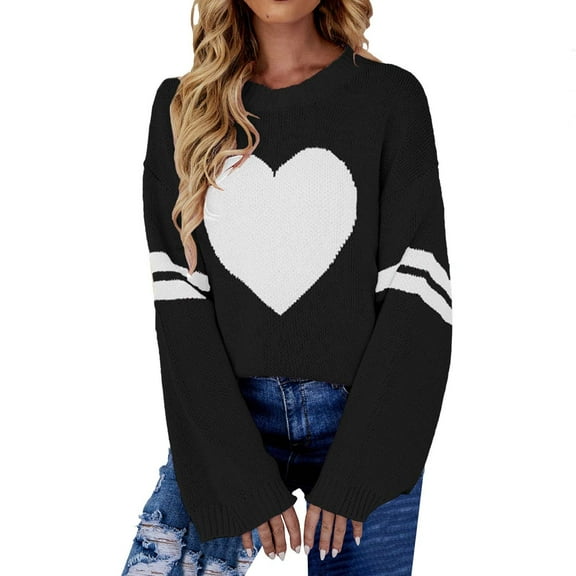 Clearance! Yajing Pullover Sweaters for Women Womens Pullover Sweaters Heart Print Sweater for Long Sleeve Crewneck Valentine's Day Knitted Pullover Love Tops Xl Black