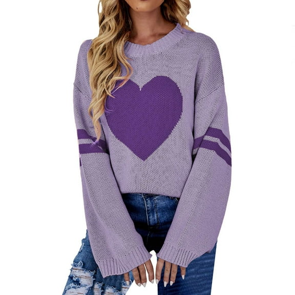 Clearance! Yajing Pullover Sweaters for Women Womens Pullover Sweaters Heart Print Sweater for Long Sleeve Crewneck Valentine's Day Knitted Pullover Love Tops S Purple