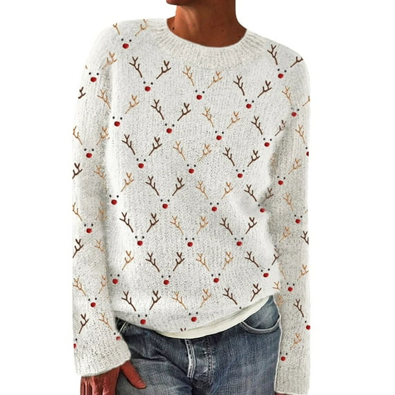 Clearance! Yajing Pullover Sweaters for Women Women's Vintage Art Print Knit Crew Neck Pullover Sweater Women's Pullover Sweaters White S