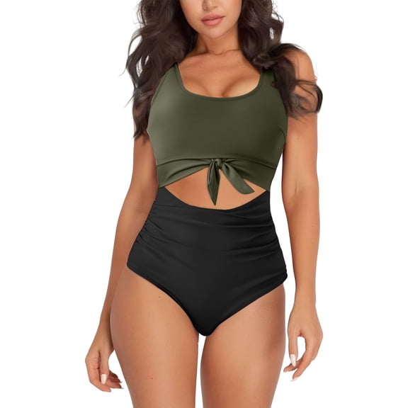 Clearance! Yajing Tankini Swimsuits for Women M Green Women's Swimsuit with Chest Pad Without Bracket Cutout Patchwork Color Contrast Strap Cover