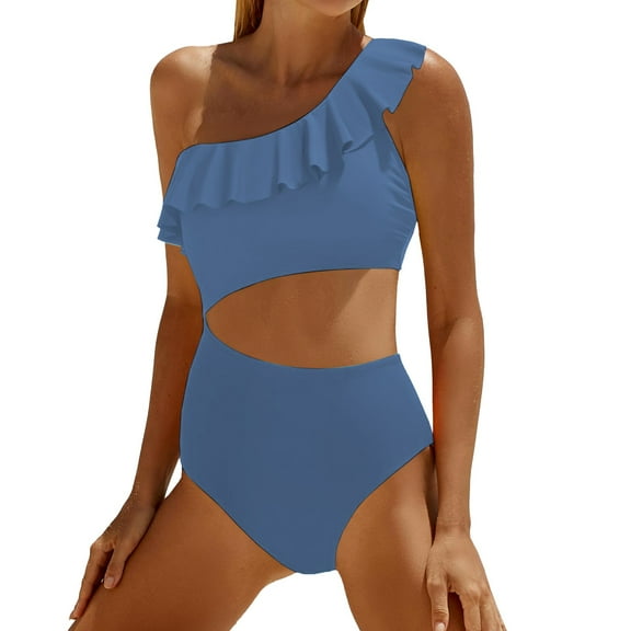 Yajing One Piece Swimsuit Women Women Cutout Swimsuits One Shoulder Ruffle Cut Out Bathing Suit Swimwear Monokini 2025 Blue Xxl