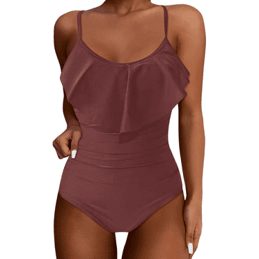 Clearance! Yajing Tankini Swimsuits for Women S Brown Womens Swimsuit Tummy Bathing Suit Cute Slimming Flattering Ruffle Ladies Swimwear