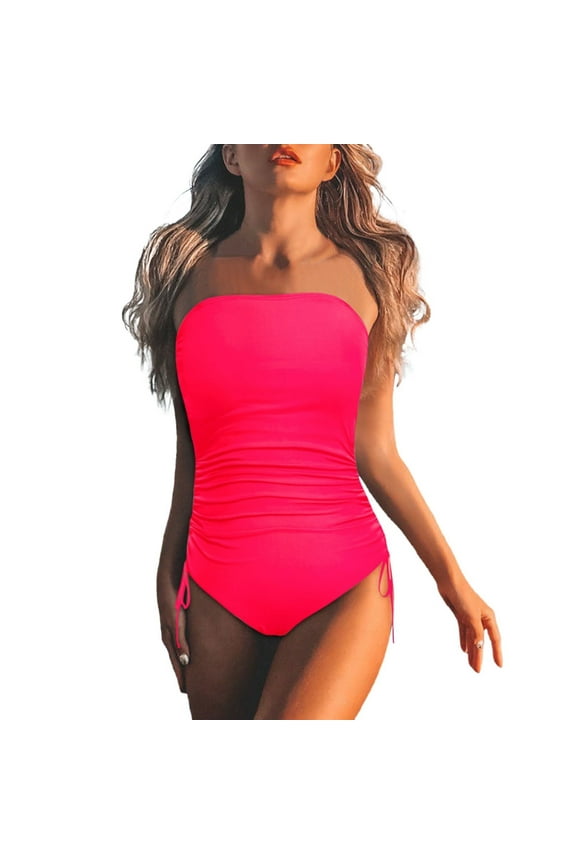 Clearance! Yajing Tankini Swimsuits for Women Women's Bodysuit Swim Drawstring Side Bandeau Swimsuit L Red