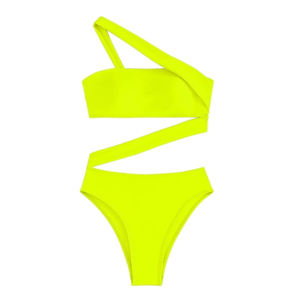 Clearance! Yajing Women's One-Piece Swimsuits New Solid Color Hollow Tube Top Straps Slanted Shoulder Bikini L Gold