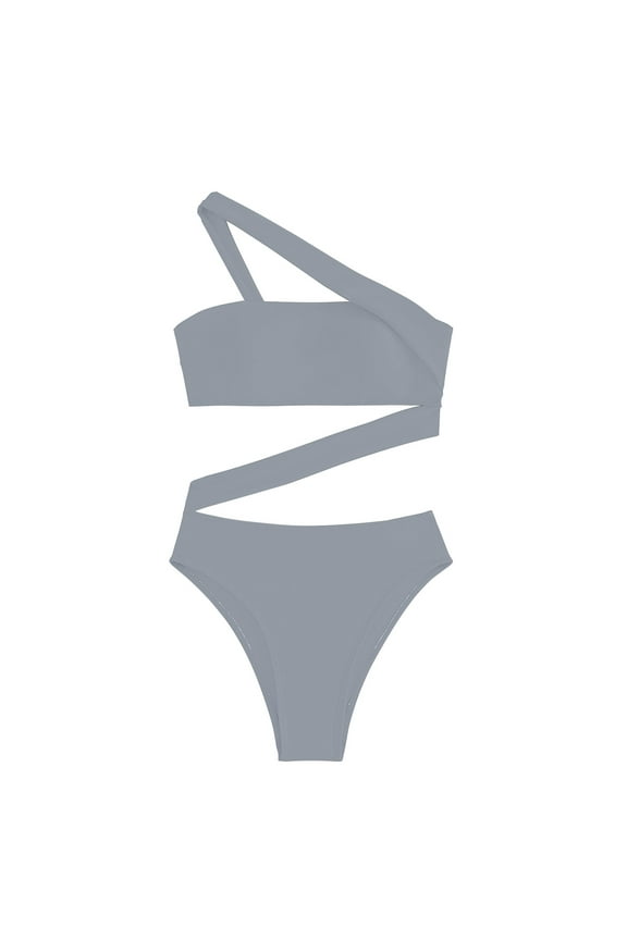 Clearance! Yajing Women's One-Piece Swimsuits New Solid Color Hollow Tube Top Straps Slanted Shoulder Bikini L Silver