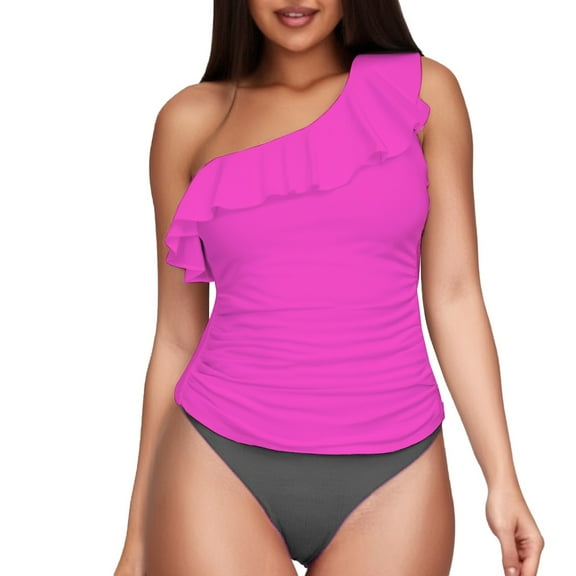 Clothing! Yajing Women's One-Piece Swimsuits Two Piece Swimsuits One Shoulder Tankini Tummy Bathing Suits Ruffle Swimwear L Pink
