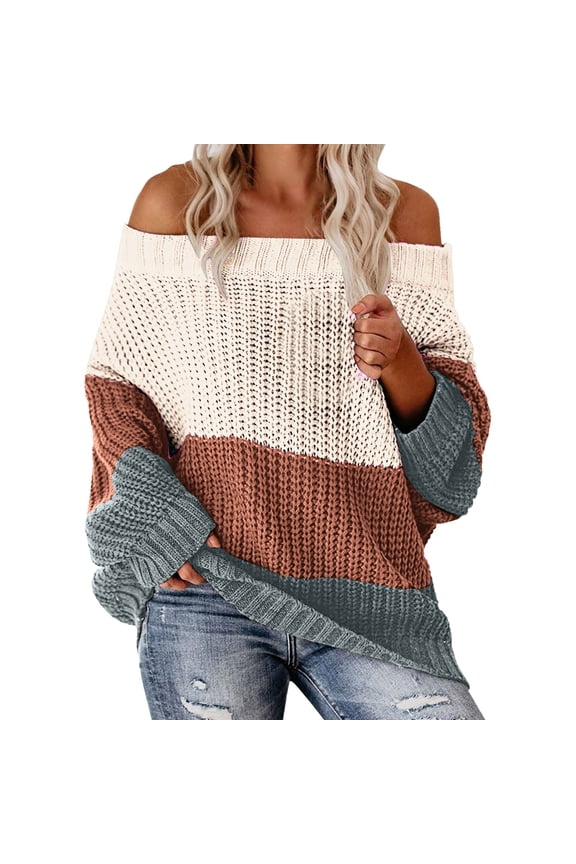 Clearance! Yajing Women's Pullover Sweaters Womens Oversized Sweater Color Block Off The Shoulder Pullover Knit Chunky Striped Tops L Brown