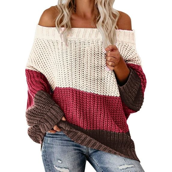 Clearance! Yajing Women's Pullover Sweaters Womens Oversized Sweater Color Block Off The Shoulder Pullover Knit Chunky Striped Tops S Red