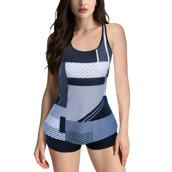 Clearance! Yajing Womens Swimwear Plus Size Tankini Swimsuits Two Piece Color Block Cutout Flowy Tummy Bathing Suits with Shorts S Gray