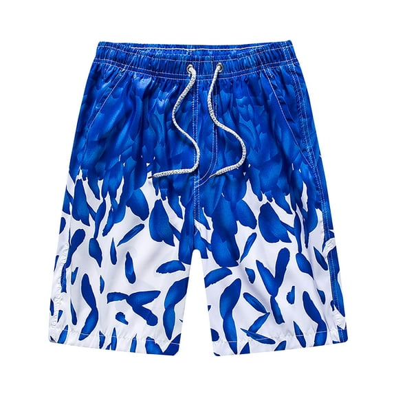 Yieetim Blue Mens Swim Trunks, Summer Striped Hawaiian Printed with Pockets Elastic Waist Drawstring Beach Shorts, Lightweight Comfortable Fits Quickly Dry Swim Shorts