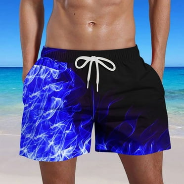 Clearance Yieetim Blue Mens Swim Trunks, Summer Striped Hawaiian Printed with Pockets Elastic Waist Drawstring Beach Shorts, Lightweight Comfortable Fits Quickly Dry Swim Shorts