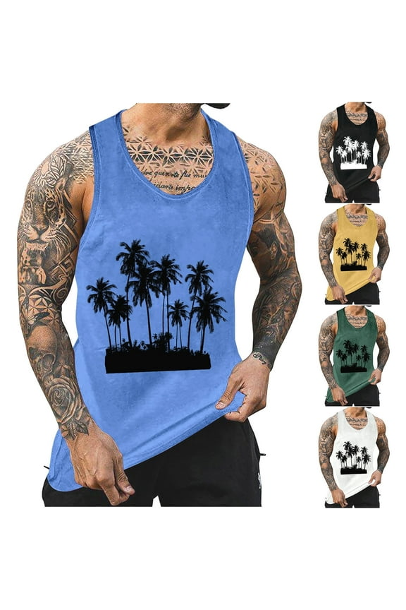 Blue Mens Tank Top, Summer Tropical Vacation Thin Strap Leakage Back Tank Top,Palm Tree Printed Round Neck Tank Top, Comfortable Cool Casual Gym Athletic Sleeveless Tank Top
