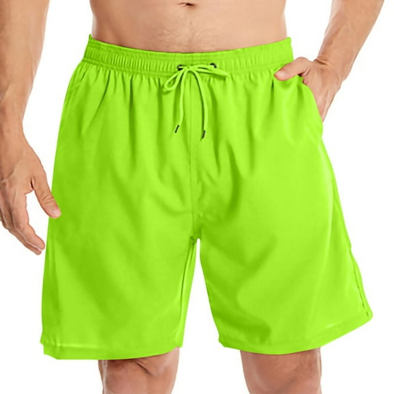 Yieetim Green Mens Swim Trunks, Summer Solid Color Striped with Pockets Elastic Waist Beach Shorts, Lightweight Comfortable Fits Quickly Dry Swim Shorts