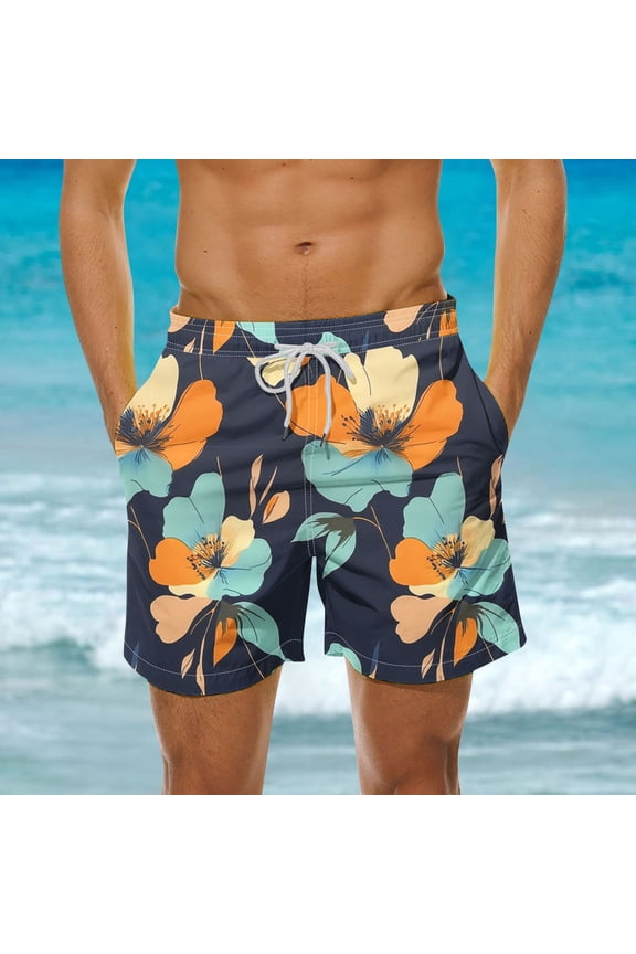 Multicolor Mens Swim Trunks, Summer Striped Hawaiian Printed with Pockets Elastic Waist Drawstring Beach Shorts, Lightweight Comfortable Fits Quickly Dry Swim Shorts