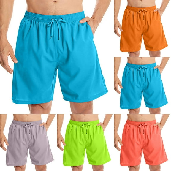 Yieetim Sky Blue Swimming Trunks for Men, Summer Striped Solid Color with Pockets Elastic Waist Drawstring Beach Shorts, Lightweight Comfortable Fits Quickly Dry Swim Shorts
