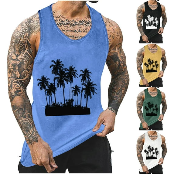 Yieetim Yellow Mens Tank Top, Summer Tropical Vacation Thin Strap Leakage Back Tank Top,Palm Tree Printed Round Neck Tank Top, Comfortable Cool Casual Gym Athletic Sleeveless Tank Top