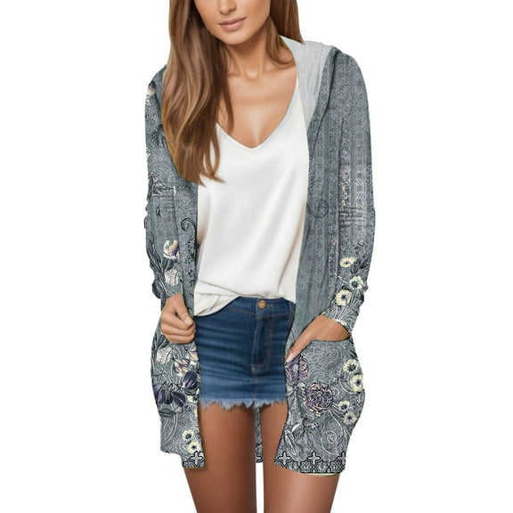 Clearance! Yigetop Cardigan Sweaters for Women Women's Fashion Casual Printed Pocket Long Sleeve Top Hooded Cardigan Jacket Summer Cardigans for Women Lightweight Grey S