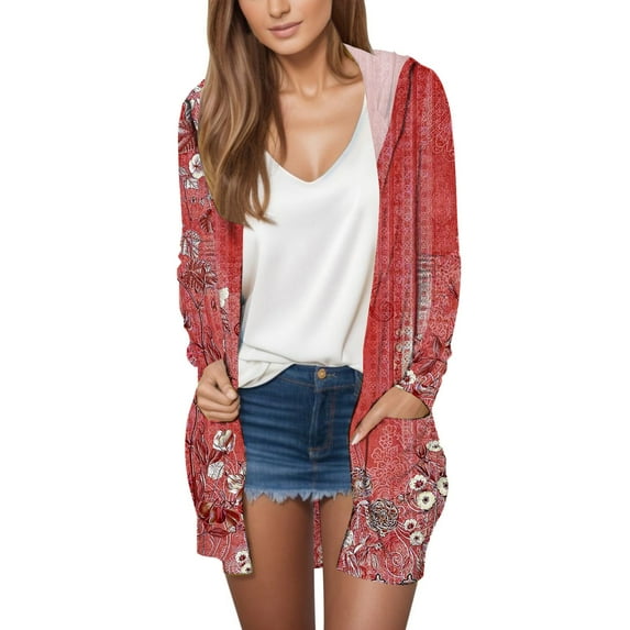 Clearance! Yigetop Cardigan Sweaters for Women Women's Fashion Casual Printed Pocket Long Sleeve Top Hooded Cardigan Jacket Summer Cardigans for Women Lightweight Red XL