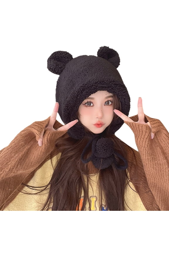 ,,Beanie for Women,Trapper Hat,Cute Bear Ears Hat Female Plush Hat Female Warm Ear Student Lei Feng Hat,Winter Hat,Black