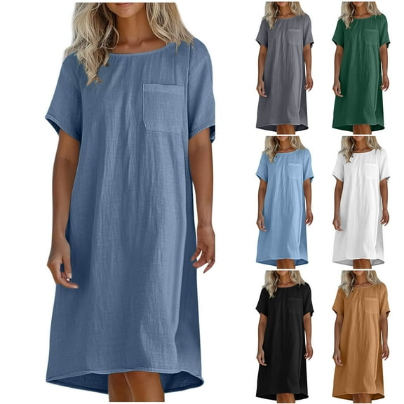 Young Adult Dresses Fashion Women's Summer Casual Round Neck Short Sleeve Solid Beach Sundresses Pockets Dress S-3XL Gift for Her