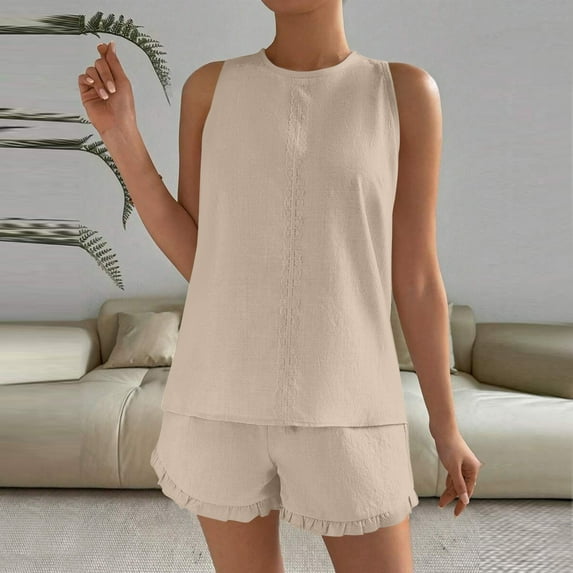 Deals Yteetum 2025 Short Sets for Women Summer Solid Color Loose Sleeveless T Shirts and Shorts Sets Ladies Comfortable Lightweight Tank Top and Ruffle Soft Shorts Two Piece Set Suits