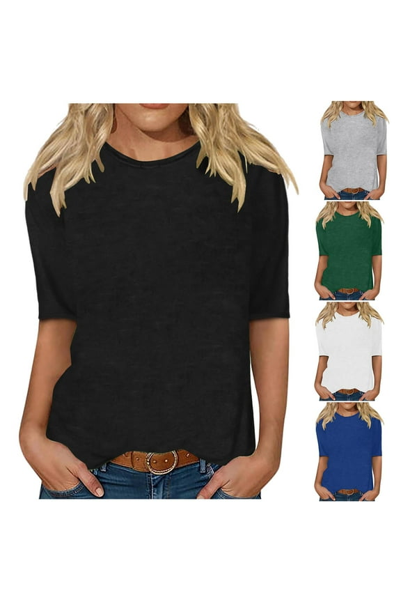 2025 Summer Tops for Women Casual Fashion Solid Color Loose Round Neck Half Sleeve T-Shirt Top Ladies Comfortable Lightweight Crew Neck Pullover Mid Sleeve Tee Shirts Blouse L
