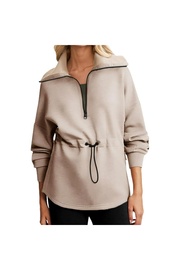Sweatshirt for Women Solid Color Lapel Half Zip Drawstring Waist Pullover Sweatshirt Ladies Comfortable Long Sleeve Side Split Casual Hoodless Sweatshirt