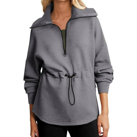 Yteetum Sweatshirt for Women Solid Color Lapel Half Zip Drawstring Waist Pullover Sweatshirt Ladies Comfortable Long Sleeve Side Split Casual Hoodless Sweatshirt