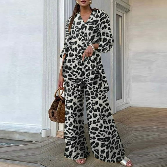 Yteetum Two Piece Sets for Women New Leopard Print Shirt and Long Pants Two Sets Ladies Loose Casual Long Sleeved Lapel Shirts and Comfortable Pants Set L