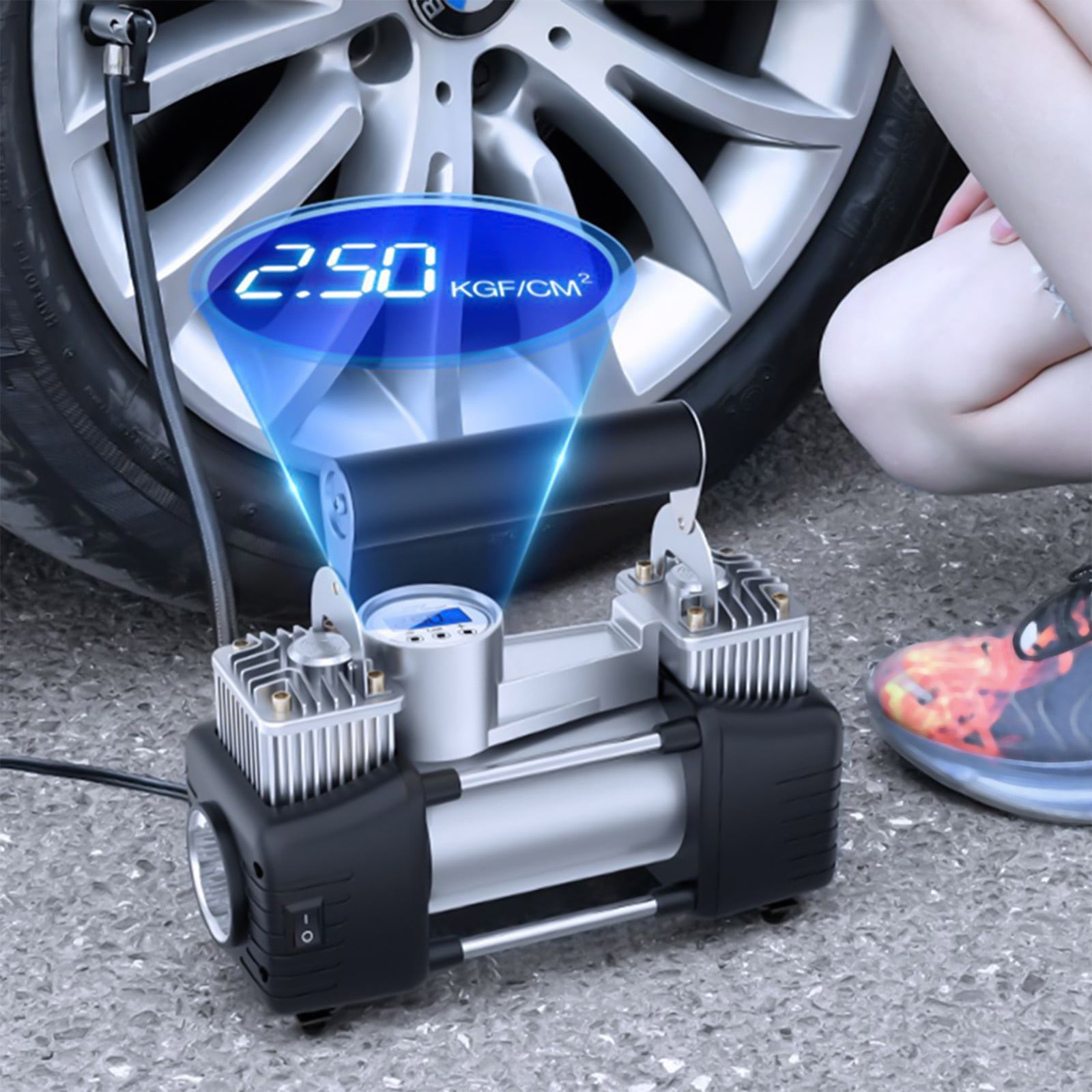 YZEGDCH Tire Inflator Portable Air Compressor,12V Dual Cylinder Multi-Function High-Power Vehicle Air Pump with Pressure Gauge and Led Lighting for Car,Bike,Ball,Motor