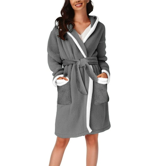 Yunmei Bath Robes for Women After Shower Women's Fall/Winter Matching Hooded Pajamas Home Plush Thermal Bathrobe Nightgown Women Robes Clothing Sale Gray L